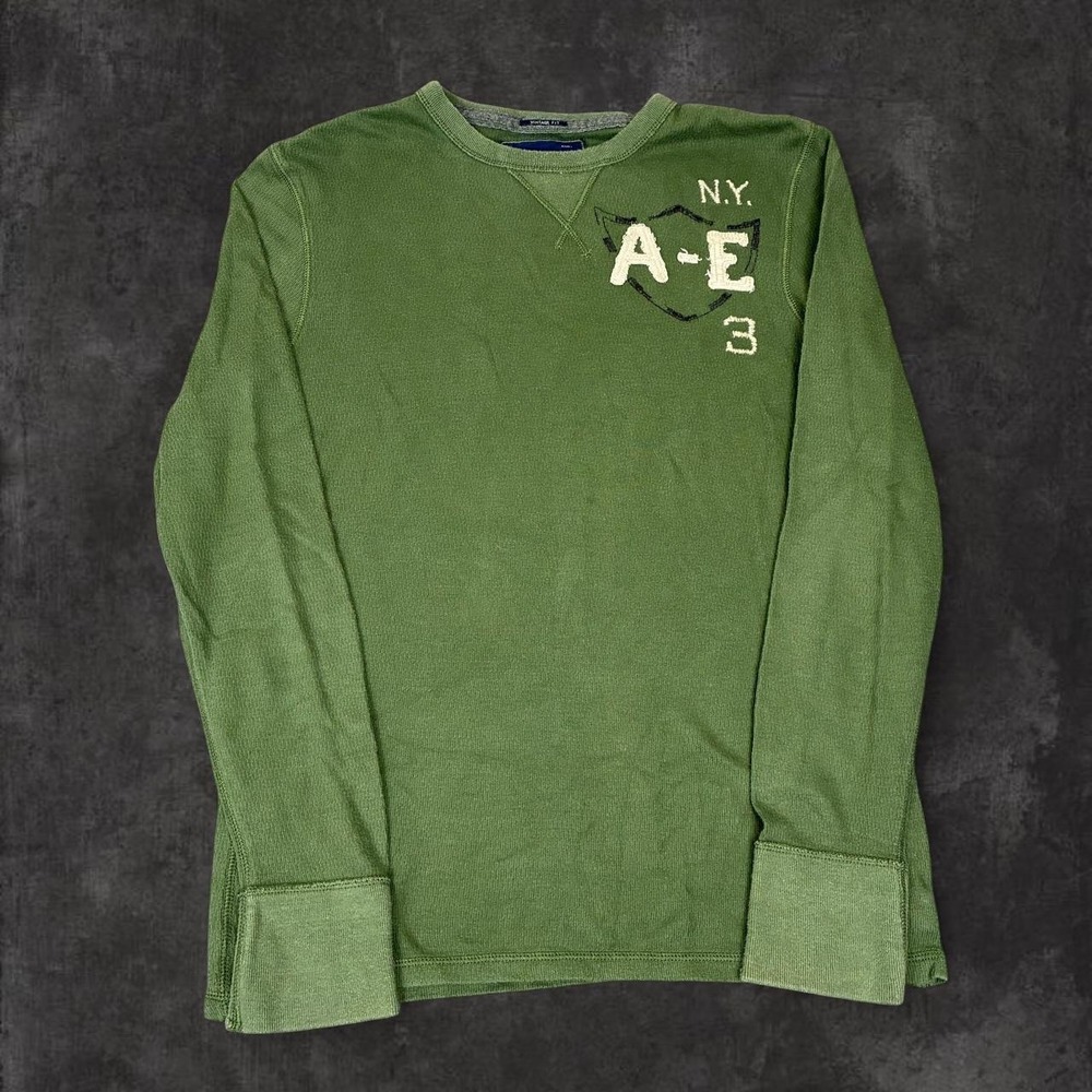 Y2K American Eagle Long Sleeve Graphic Thermal Shirt Men's Medium Olive Green